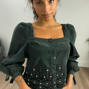 Madewell M Eyelet Corduroy Top Green Embroidered Puff Sleeve Boho Cottagecore